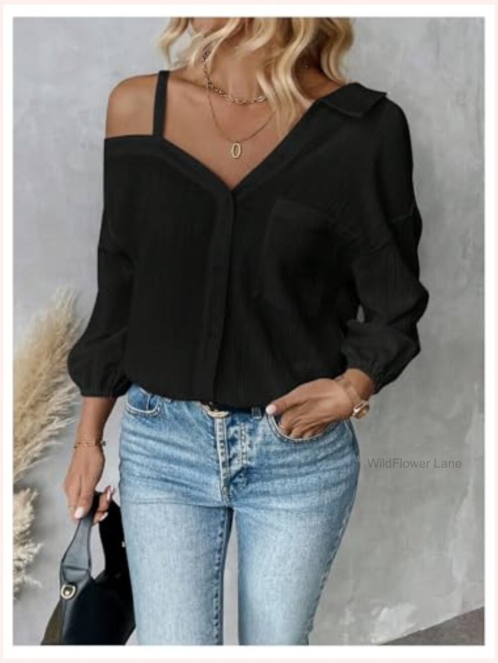 Off Shoulder Long Sleeve Button Down Linen Blouse Top - Picture 4 of 5